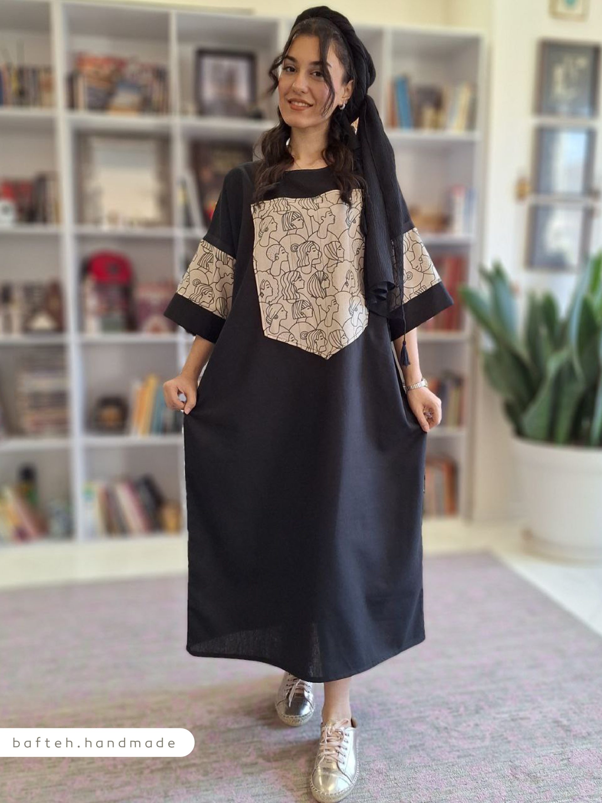 پیراهن لینن طرحدار مشکی